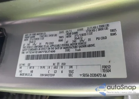 2015 Ford F-150 Lariat from USA, damaged, VIN 1FTEW1EG6FFB37496